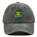 Close-up of green frog embroidery on lotus leaf on washed cotton dark grey baseball cap - Army Green