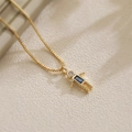 Golden robot pendant necklace with blue gemstone and zircon on box chain - September Royal Blue