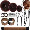 Flat lay of professional hair styling tools set including sponges and plastic tail combs - 21-Piece Coffee Set / Brown