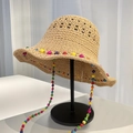 Beige straw beach hat with colorful beaded rim and ethnic bohemian chin strap - Khaki Color Beads