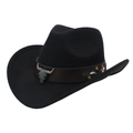 Detail of western cowboy hat with leather band, bull head ornament and floral embroidery - M (56-58cm) / Black Cowboy (Flower Bull Head)