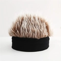 Creative men's beanie hat with realistic brown synthetic wig hair on black knit band - Brown Wig