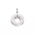 Silver stainless steel round pendant with hollow star cutout on white background - Star Compass / Silver