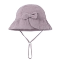 Detail of lilac cotton baby sun hat with bow decoration and adjustable windproof strap - Purple