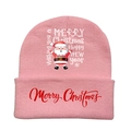 Pink Christmas knitted beanie with Santa Claus print and Merry Christmas embroidery - Pink-Style C