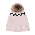 Stylish pink cable knit beanie hat with faux fur pom pom and wavy pattern design - Pink