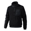 Men's black sherpa fleece jacket featuring a stand collar and woven contrast zipper pockets - S / Black