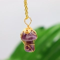 Handcrafted purple crystal mushroom pendant necklace with golden wire wrap design - Amethyst Gold-tone