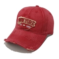 Close-up of distressed red baseball cap with vintage NEW YORK embroidery and worn details - M (56-58cm) / Red