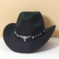 Classic black felt cowboy hat with silver bull head emblem and leather band detail - M (56-58cm) / Black (Black Bull Head Band)