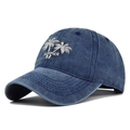 Vista detallada de gorra de béisbol retro en denim lavado con bordado de palmera - Ajustable / Azul marino