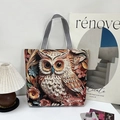 Ethnic 3D owl embroidery canvas tote bag with colorful floral pattern and striped straps - Owl