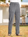 Detail view of grey corduroy casual pants with high elastic waist and large side pockets - S / Bottoms / Gray