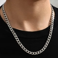Classic silver stainless steel Cuban link chain necklace for men shown on a model neck - Silver