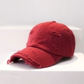 Distressed dark red baseball cap with ripped details and cotton canvas texture - L (58-60cm) / Red