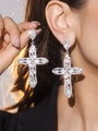 Luxury sparkling silver cross drop earrings with shimmering white crystals for women - Silver Pave Cross Drop