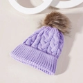 Detailed knit texture of light purple winter hat with fluffy brown fur pompom top - One Size / Purple