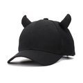 Detailed view of black cotton baseball cap featuring 3D small devil horn decorations - One Size / Black