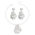 Silver metallic floral choker necklace and matching earrings set on white background - Silver Flower Jewelry Set (Earrings + Choker)