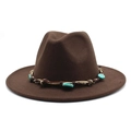 Close-up of brown wool fedora with bohemian braided band and turquoise stone accents - M (56-58cm) / Coffee