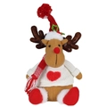 Pluche kerstrendier kabouter met rode hartjestrui en wit gestreepte sjaal - Zittende Houding / Bruin rendier pop