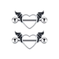 Pair of stainless steel nipple rings featuring black heart bat wing shields for piercing - Heart Wing