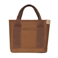 Front view of small brown canvas tote bag with side patch detail and dual handles - Dark Brown