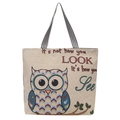 Beige canvas tote bag with owl embroidery and striped handles for daily use - Style 14 - Owl with Inspirational Quote (Beige)