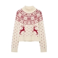Maglione in maglia crema da donna con motivi natalizi rossi di renne e fiocchi - S / Crema/Rosso Jacquard