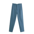 Flat lay of high-waisted wide-leg trousers in dusty blue with smooth draped fabric - XS / Blue