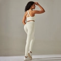 Seamless cream yoga set featuring crisscross back bra and high-waisted leggings - 6606 Cross Bra + Pants Set - Milk White