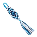 Handmade evil eye woven keychain with blue and navy geometric patterns and fringe - Blue/White/Navy