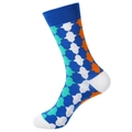 Women's mid-calf socks featuring orange and blue geometric check knit patterns - 1084-Multicolor Blocks