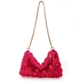 Hot pink satin evening bag with 3D rose petals and thin gold metal chain strap - Rose Red
