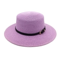 Detailed texture of lavender straw flat top hat with black belt and golden buckle - M (56-58cm) / Taro Purple