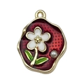 French retro enamel flower pendant in red and gold finish with a white pearl accent - Red White Flower Leaf-22079