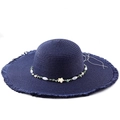 Navy blue wide brim straw sun hat with bohemian seashell and starfish beaded decoration - M(56-58cm) / Navy Blue