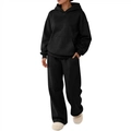 Men's solid black hooded tracksuit with kangaroo pocket and loose straight-leg pants - Black