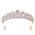 Detailed view of bridal crystal crown with golden alloy comb for wedding hairstyles - Gold White Rhinestone
