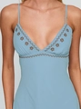 Lichtblauwe gebreide camisole jurk met bruine sterrenborduring en golvende details - S / Lichtblauw