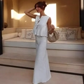 Conjunto plisado blanco para mujer con top sin mangas de lazo y falda larga fluida - S / Set de Circonita Blanca