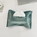 Close-up of green velvet tissue bag with gold Happiness embroidery in Nordic style - Light Green