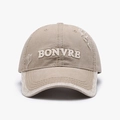 Distressed khaki baseball cap with white 3D BONVRE embroidery and vintage frayed edges - Adjustable / Khaki