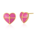 Golden heart-shaped stud earrings with rose pink enamel and cross line design - Rose Pink Heart Cross Pattern (KE0724-2)