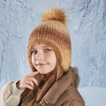 Cappello in maglia sfumata marrone per bambine con pompon e morbida fodera in peluche - Cachi