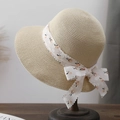 Women's wide brim straw sun hat with floral lace ribbon for summer beach vacation wear - Beige