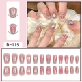 Pink blush press-on nails with silver cat-eye, pearls, and rhinestones in long coffin shape - Pink Cat Eye Pearl Rhinestone Metal Line Style (D-115) / 24 Pcs/Set