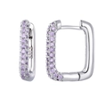 Macro detail of S925 silver earrings featuring pavé set purple zircons and secure hinge - Rectangle Hoop (JQH0070) / Silver-Lavender