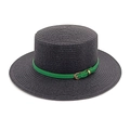 Close-up of a dark grey boater hat featuring a green leather band and golden buckle detail - M (56-58cm) / Black