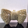 Macro shot of sparkling rhinestones and golden metal frame on a bow-shaped clutch bag - Gold / White Zirconia